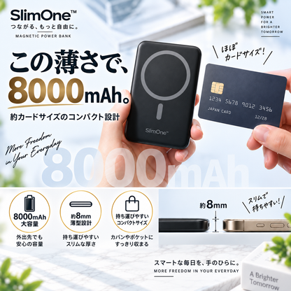 SlimOne™ - モバイルバッテリー、ワイヤレス充電器、マグネット式充電、USB-A出力ポート/Type-C入出力ポート搭載、iPhone/iPad対応、旅行/出張/災害救援ギフトに最適