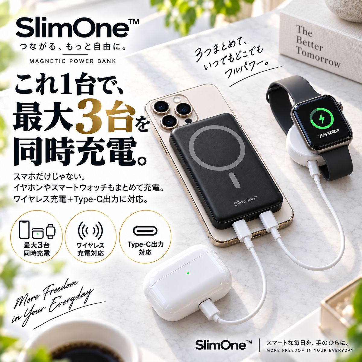 SlimOne™ - モバイルバッテリー、ワイヤレス充電器、マグネット式充電、USB-A出力ポート/Type-C入出力ポート搭載、iPhone/iPad対応、旅行/出張/災害救援ギフトに最適