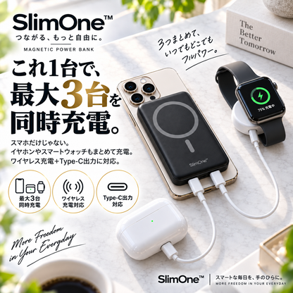 SlimOne™ - モバイルバッテリー、ワイヤレス充電器、マグネット式充電、USB-A出力ポート/Type-C入出力ポート搭載、iPhone/iPad対応、旅行/出張/災害救援ギフトに最適