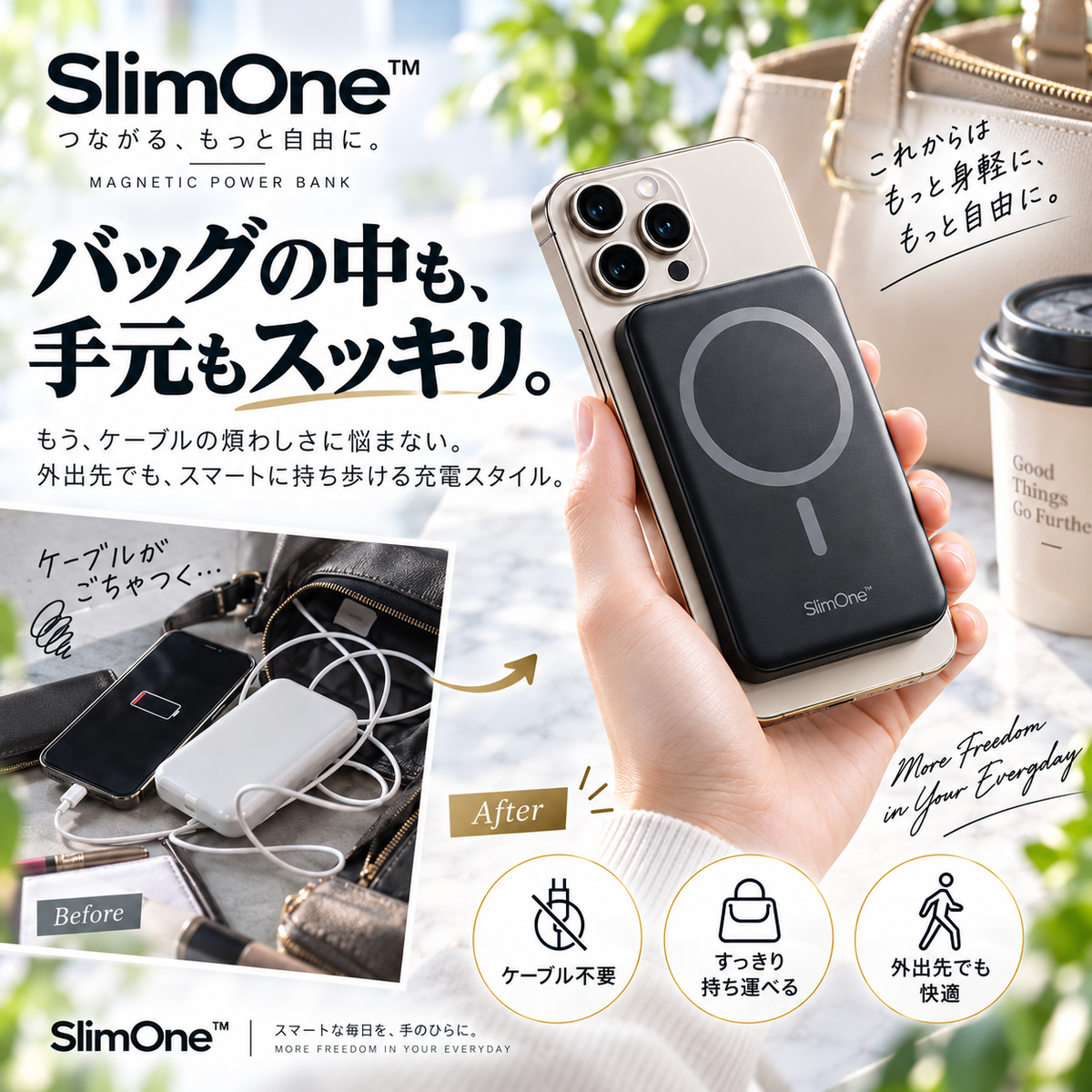SlimOne™ - モバイルバッテリー、ワイヤレス充電器、マグネット式充電、USB-A出力ポート/Type-C入出力ポート搭載、iPhone/iPad対応、旅行/出張/災害救援ギフトに最適